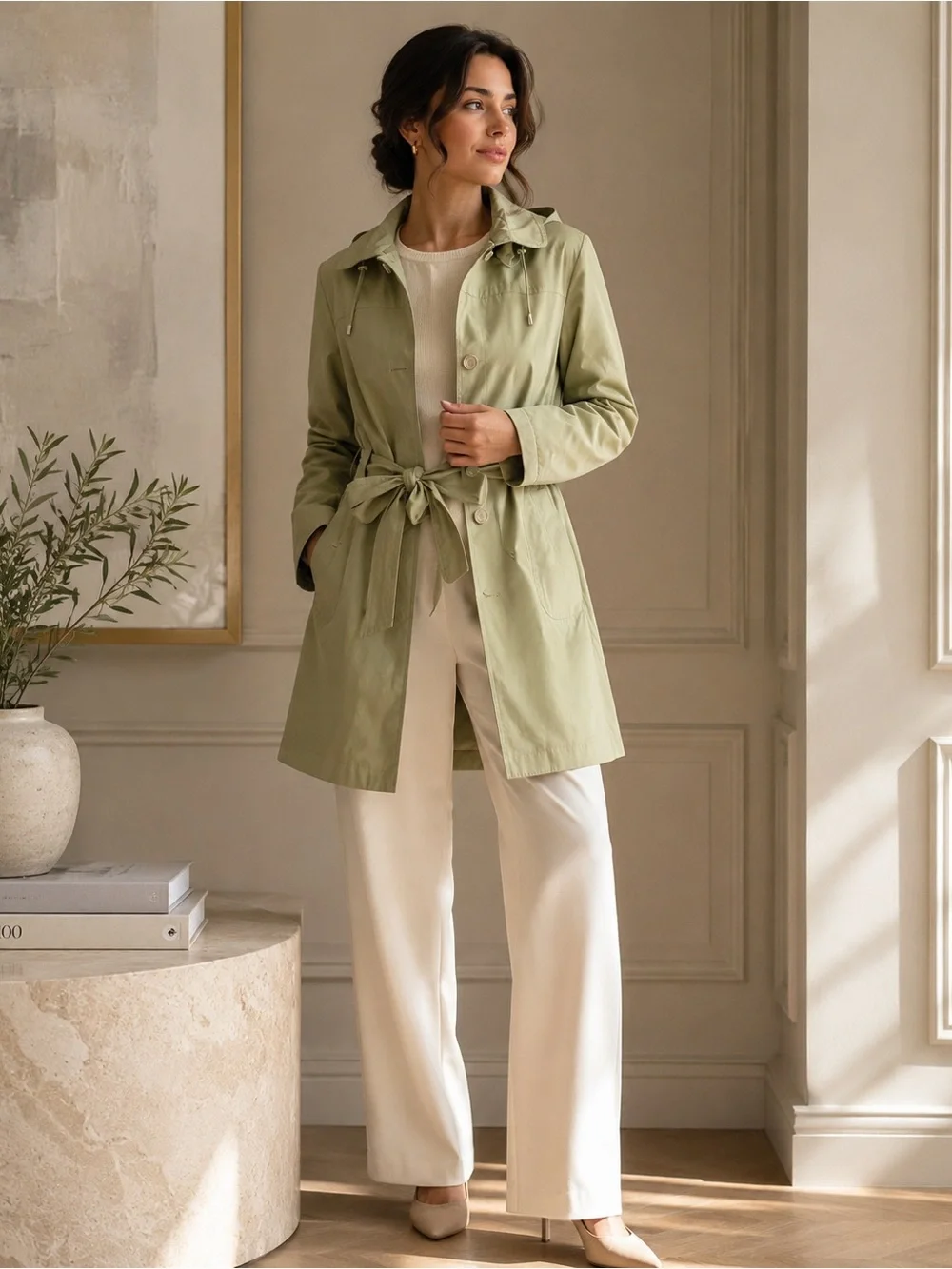 Croft & Barrow Sage Green Hooded Rain Jacket Coat Belted Women’s Large
